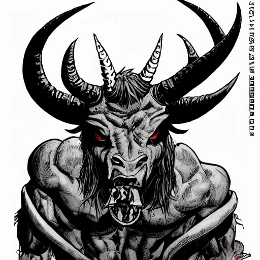 Prompt: precisely drawn illustration of a angry horned minotaur demon with a nose ring, wide angle, sharp, fine details, French comic style, vibrant realistic colors, full color, heroic fantasy, intense line art, 8k, precise linework, realistic, in the style of Heavy Metal Comics and Richard Corben and Moebius