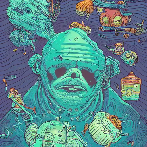 Prompt: sea full of crap been eaten from a big head, by josan gonzales and Dan Mumford