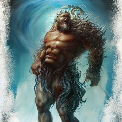 Prompt: portrait of proud and screaming Poseidon rising from the ocean, ready to fight, fantasy painting, artstation