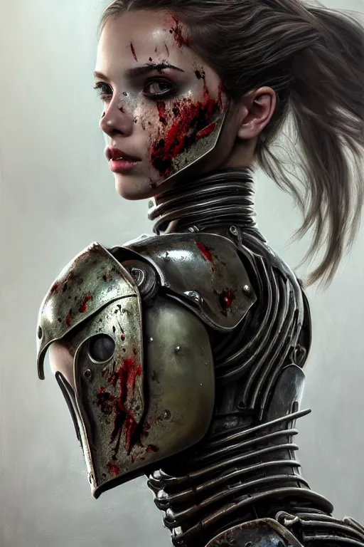 Prompt: a photorealistic painting of an attractive young girl, partially clothed in dirty metal-plated battle armor, spots of blood, olive skin, long dark hair, beautiful bone structure, symmetrical face, perfect eyes, intricate, elegant, digital painting, concept art, illustration, sharp focus, minimal artifacts, volumetric lighting, from Metal Gear, in the style of Ruan Jia and Mandy Jurgens and Greg Rutkowski, trending on Artstation, award winning