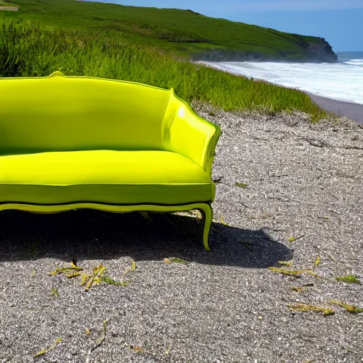 Image similar to photo of a chartreuse sofa on the beach