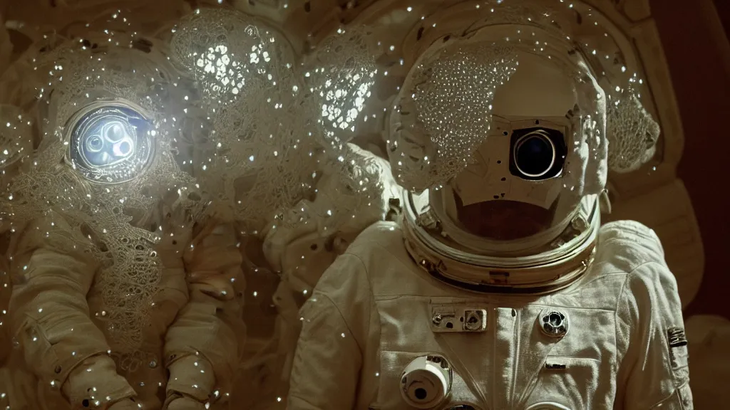 Image similar to a single astronaut eva suit covered in diamond 3d fractal lace iridescent bubble 3d skin and covered with insectoid compound eye camera lenses floats through the living room, film still from the movie directed by Denis Villeneuve with art direction by Salvador Dalí, wide lens,