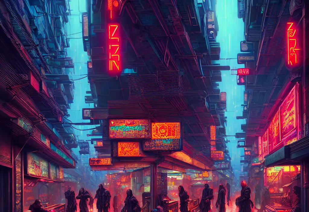 Image similar to a highly detailed bazaar street in the cyberpunk megacity of new washington, amazing cyberpunk digital painting, by gerald brom, brom digital art, intricate details, ultra realistic, beautiful art, volumetric lighting, by art germ, by brom, rule of thirds, trending cgsociety, artstation, warm colors advance cool colors recede, neon lights, crowded, 8 k