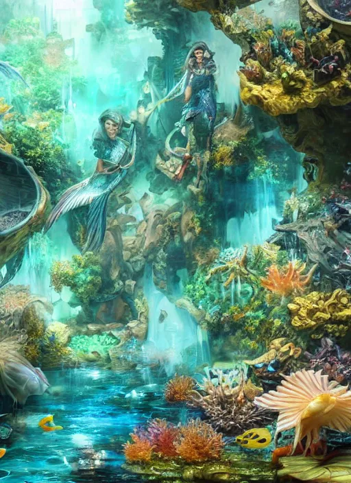 Prompt: people observing lots of beautiful fish in an underground aquarium corridor, in the style of turine tran, fantasy art, ray tracing, water droplets, highly detailed, artstation trend, highly detailed and intricate, sharp focus, photography, unreal engine 5