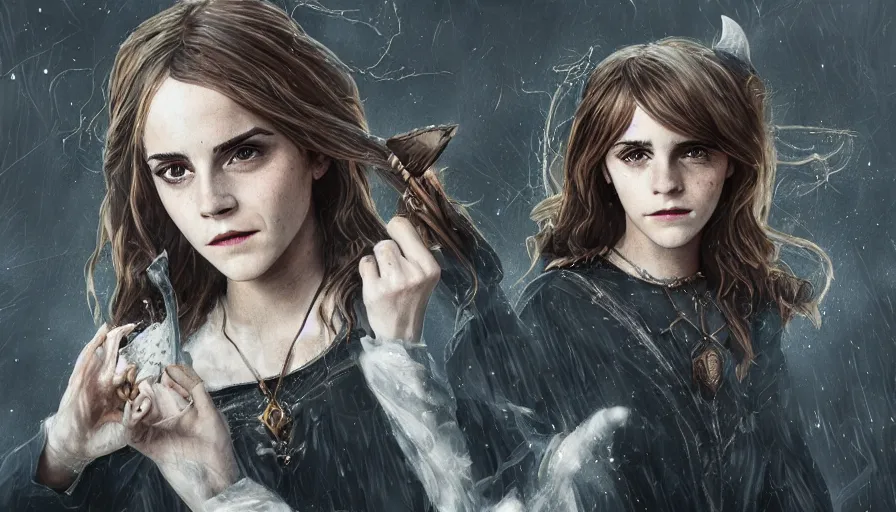 Image similar to Emma Watson as a witch doing magic, hyperdetailed, artstation, cgsociety, 8k