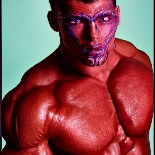 Image similar to extremely muscular man with effonate face and intricate fluorescent body paint, studio portrait photography, Portra 800