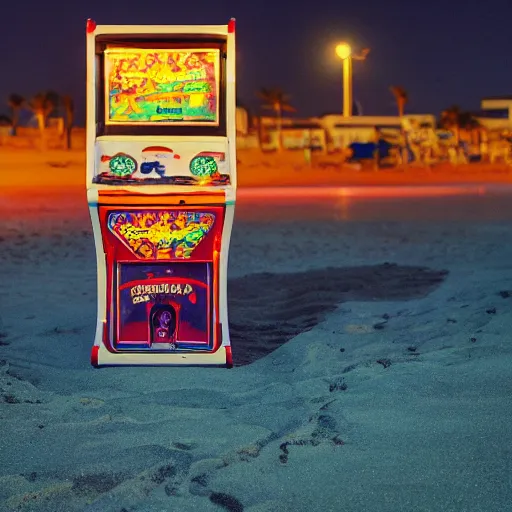 Image similar to a lovely arcade machine on the beach at night. photograph in the style of simon stalenhag