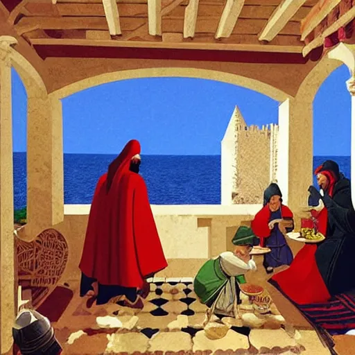 Prompt: ' a medieval turkish nobleman takes breakfast at his coastal manor with his family '. gouache matte painting by angus mcbride, 8 k, digital matte painting with high fidelity textures and figures.