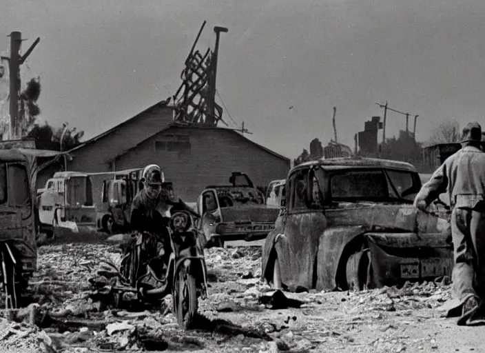 Prompt: scene from a 1950 post-apocalypse film