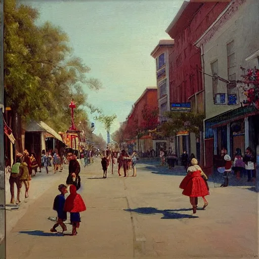 Prompt: Santa cruz main street, early morning with people and children with baloons walking around, eugène de lacroix painting, aesthetic,