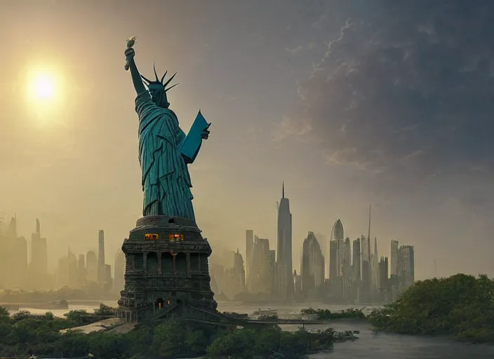 Image similar to highly detailed digital matte painting of a beautiful abandoned, overgrown, damaged Lady Liberty statue by Raphael LaCoste and Ruan Jia and Robert McCall, postcyberpunk, hyperdetailed, sunrise, wide shot, autochrome, octane render