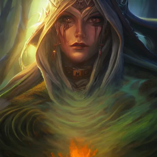 Prompt: hyperrealist portrait of sylvanas windrunner burning the world tree next to a lake formed by the universe. by bayard wu, fantasy art, photo realistic, dynamic lighting, trending on artstation, poster, volumetric lighting, very detailed faces, 4 k, award winning