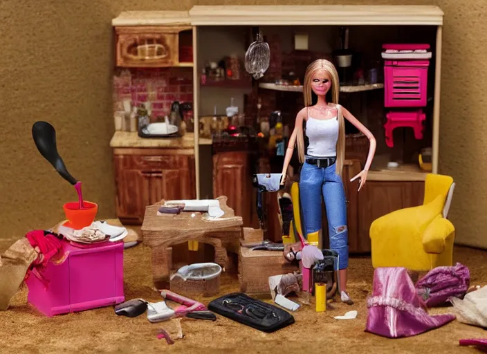 Prompt: the texas chainsaw massacre barbie play set, children's toy advertisement, studio photography, close - up