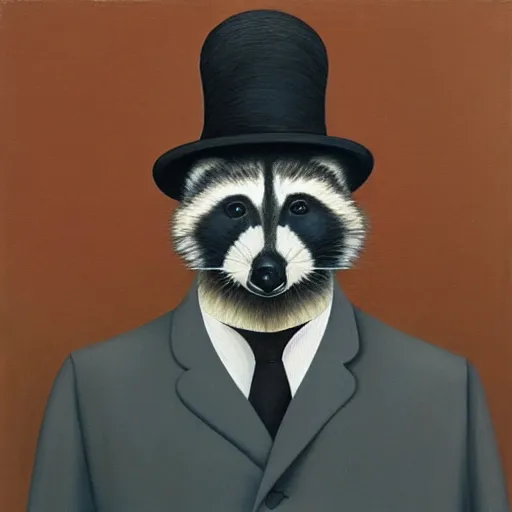 Image similar to a magritte painting masterpiece exposed in Paris : a racoon with a hat , This 4K HD image is Trending on Artstation, featured on Behance, well-rendered, extra crisp