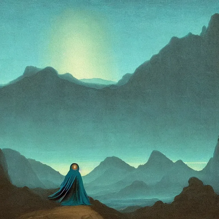 Prompt: cloaked figure, giant distant glowing mountain that looks like a bell curve, da vinci painting, teal palette, eschaton