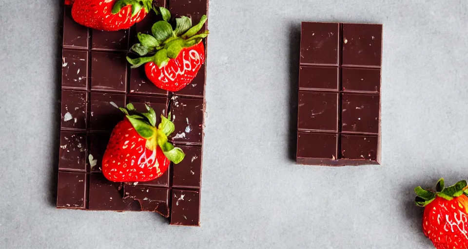 Image similar to A gourmet dark chocolate bar with a piece broken off, on an opened silver wrapper, next to sliced strawberries, on a wooden tray, macro lens product photo