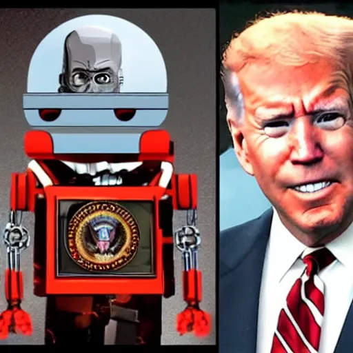 Prompt: joe biden terminator metal robot hunting trump