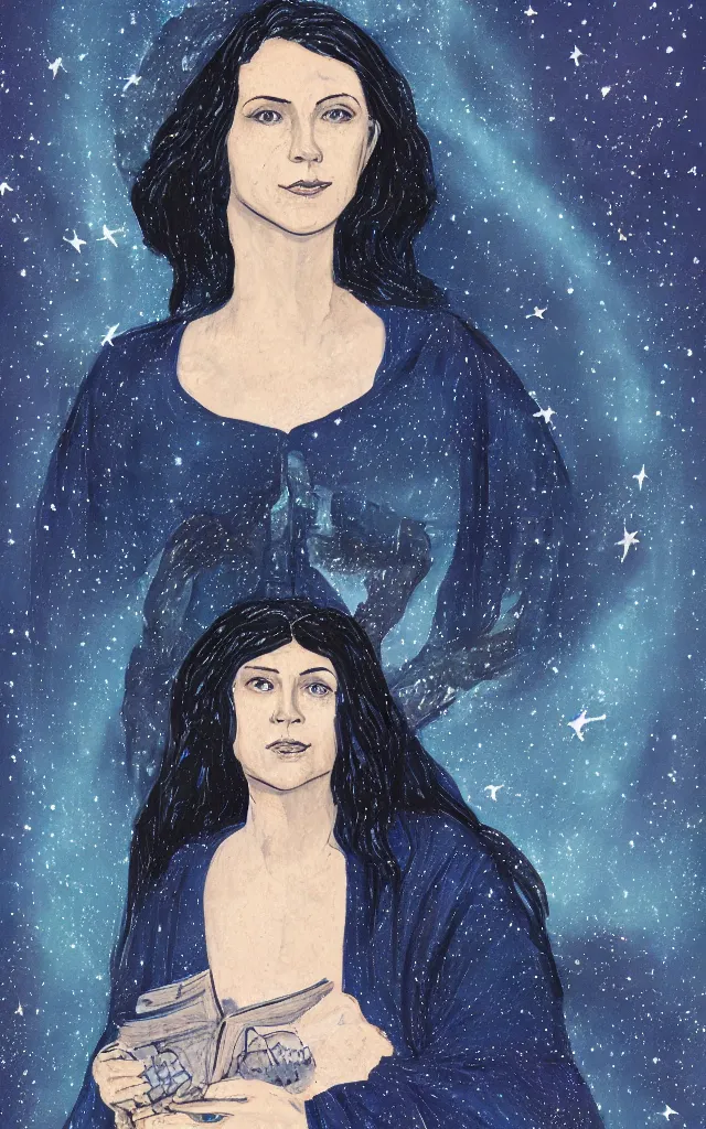 Image similar to portrait of Rowena Ravenclaw as an embodiment of Truth, starry sky around