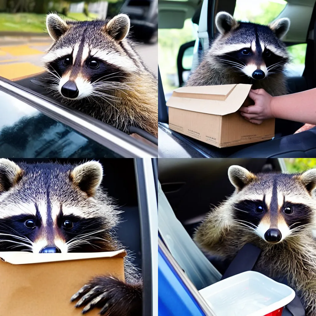 Prompt: a raccoon sitting in a car seat spilling a takeout box