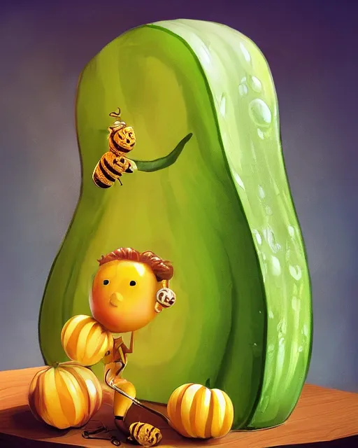 Prompt: beautiful larry the cucumber as honey, made of honey, wearing honey - themed miniskirt, award winning creature portrait photography, extremely detailed, artstation, 8 k, sensual lighting, incredible art, wlop, artgerm, backlit, rim lighting, hi - fructose