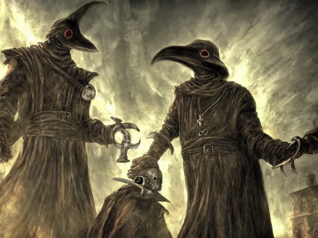 Prompt: plague doctor in Demon Souls Valley of Defilement