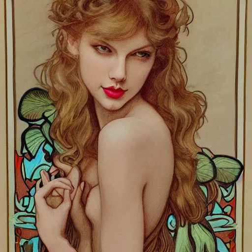 Prompt: romantic painted portrait of taylor swift by james jean, mucha, andrew loomis, masterpiece