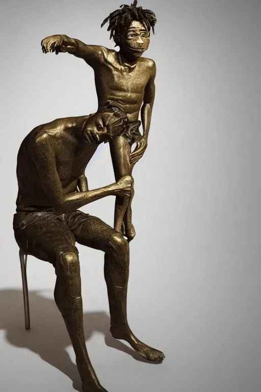 Image similar to a full-body bronze statue of Jean-Michel Basquiat sitting and thinking 3d octane render