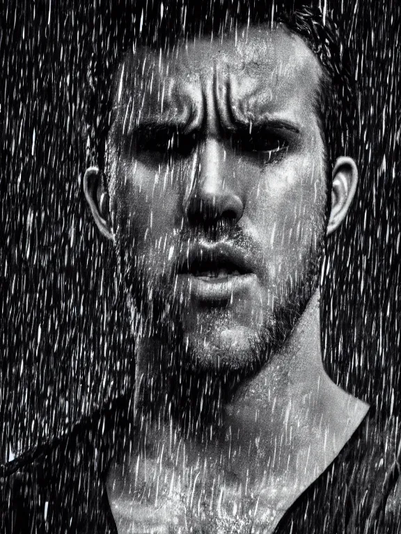 Prompt: film still, ryan reynolds as batman, mask half torn, hyperrealism, moody lighting, rain, intricate, 8 k