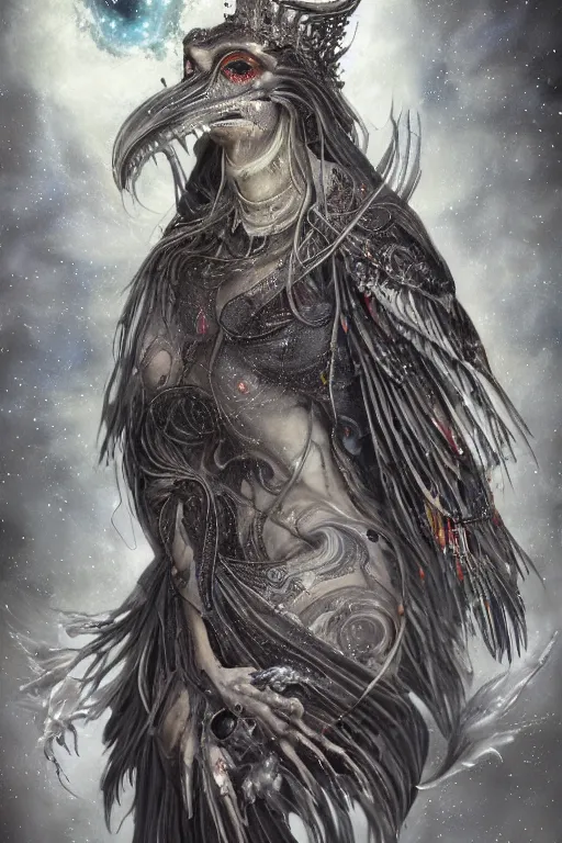 Image similar to a wlop 3 d render of very very very very highly detailed beautiful mystic portrait of a phantom undead raven with whirling galaxy around, tattoos by anton pieck, intricate, extremely detailed, digital painting, artstation, concept art, smooth, sharp focus, illustration, intimidating lighting, incredible art,