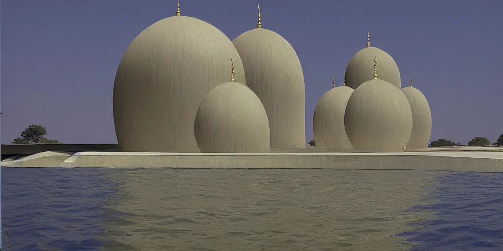 Image similar to mosque floating spaceship by louis kahn, golds fantasy world