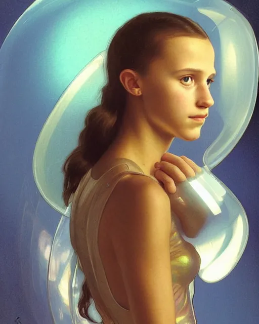 Prompt: a portrait painting of a shy, blushing 1 6 - year old alicia vikander or millie bobby brown, backlit, wearing a futuristic translucent iridescent plastic space suit with a space helmet, elegant, highly detailed, artstation, concept art, by krenz cushart and donato giancola and william adolph bouguereau and alphonse mucha