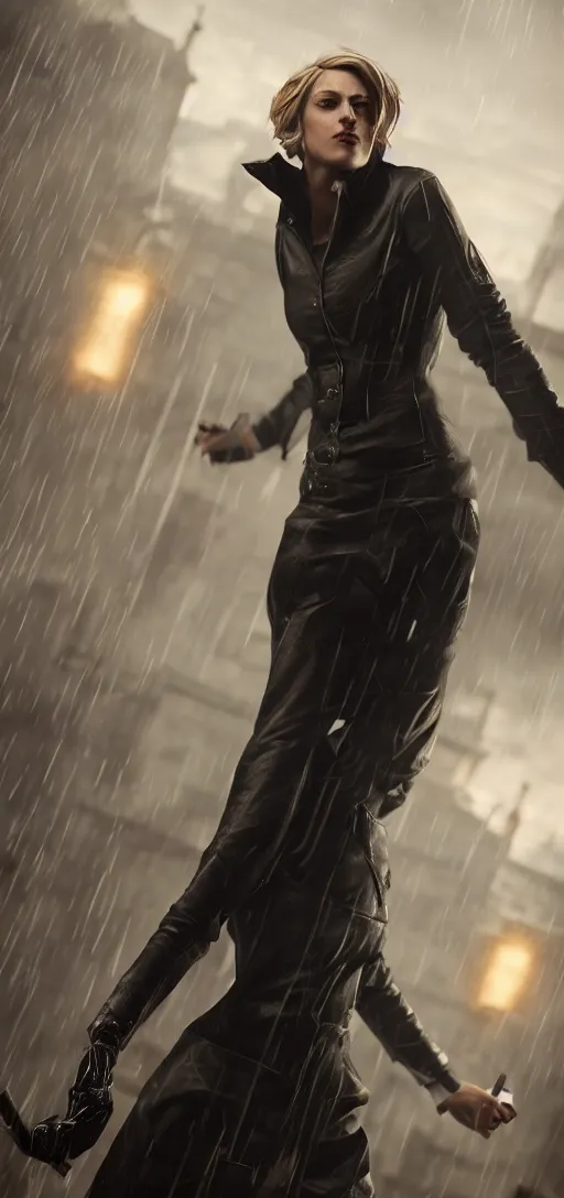 Image similar to professional shot annie leonhart in dunwall city, mid air shot, redshift render, beautiful face, detailed face, cinematic lighting, rainy weather, melancholy atmosphere, volumetric light, octane render, dishonored 1, gothic architecture, realistic reflections, octane render 8 k, action shot