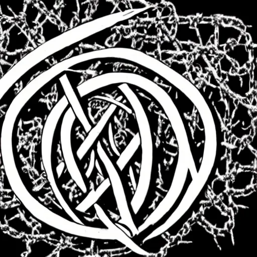 Prompt: grindcore band logo, metal font, unreadable, complex, complicated, intertwined, branching, black and white