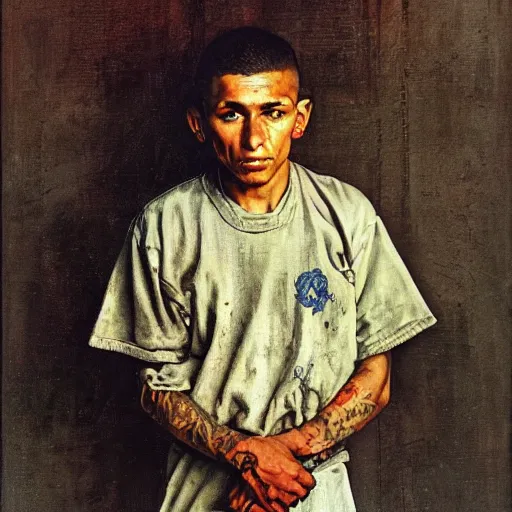 Image similar to A Frontal portrait of an MS-13 gang member as a prisoner awaiting sentancing. A painting by Norman Rockwell.