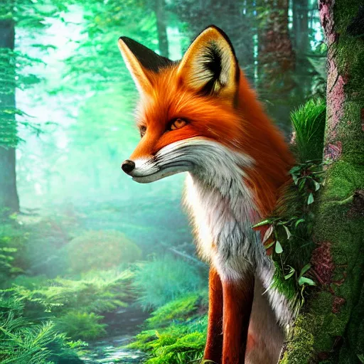 Prompt: Photorealistic fox queen of the enchanted forest. Hyperdetailed photorealism, 108 megapixels, amazing depth, glowing rich colors, powerful imagery, psychedelic Overtones, 3D finalrender, 3d shading, cinematic lighting, artstation concept art