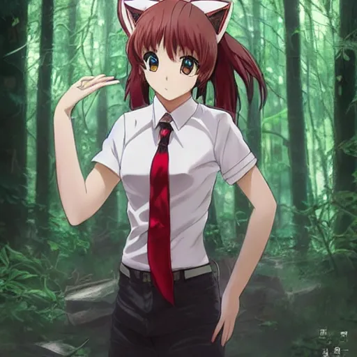 Image similar to anime key visual of a beautiful young female wearing cat ears and a boy wearing white shirt and red tie, intricate, magical forest, stunning, highly detailed, digital painting, artstation, smooth, hard focus, illustration, predator movie, prey movie ( 2 0 2 2 ), art by artgerm and greg rutkowski and alphonse mucha