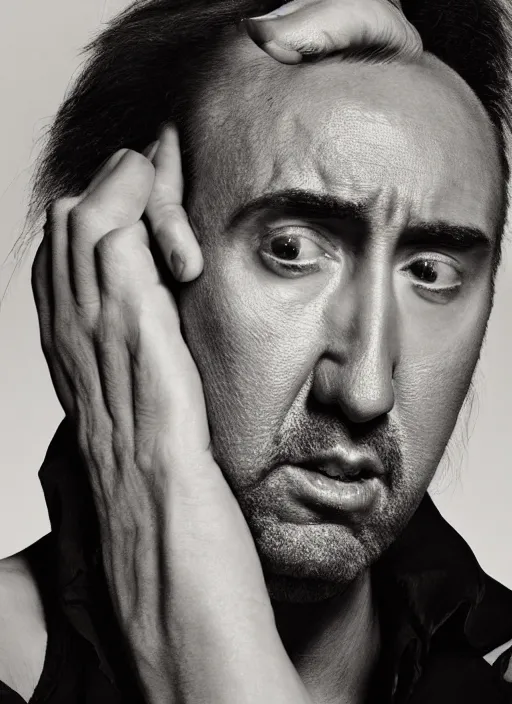 Image similar to portrait of beautiful 3 0 yearold female nic cage by mario testino, headshot, detailed, award winning, sony a 7 r