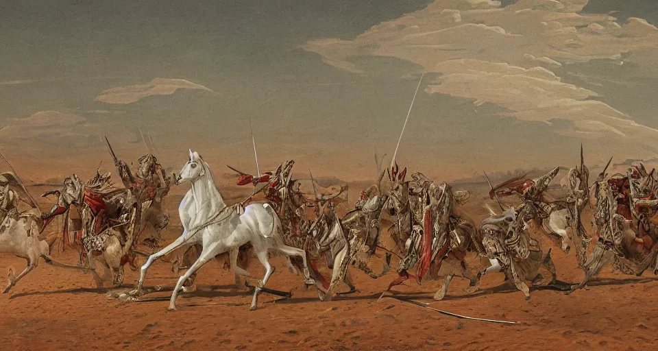 Prompt: a highly detailed riderless white horse wounded heavily by multiple arrows in the aftermath of a battlefield during the islamic era that took place in the middle of the desert with a warrior's sword burried into the ground and burning tents and women covered in black veil seen in the background and the sky is filled with dark red clouds and a red sun, artistic, intricate details, historical, cinematic