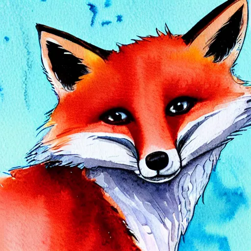 Prompt: watercolor, children book illustration, fox, white background