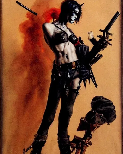 Image similar to portrait of a skinny punk goth soldier smoking a cigarette by simon bisley, john blance, frank frazetta, fantasy, barbarian