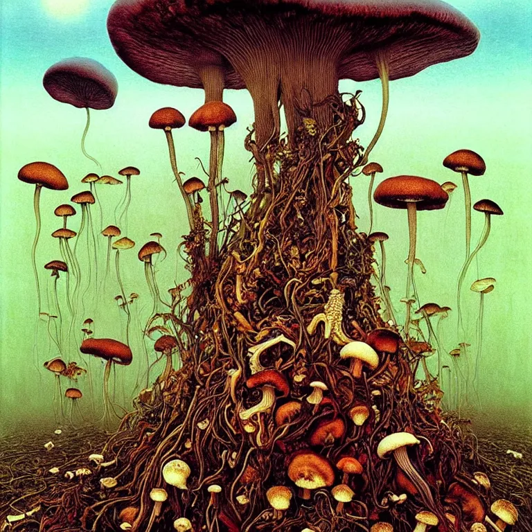 Prompt: Kombucha, tea mushroom, tea fungus, Manchurian mushroom fly in cosmos. Extremely high details, realistic, fantasy art, solo, masterpiece. Art by Zdzisław Beksiński, Arthur Rackham, Dariusz Zawadzki