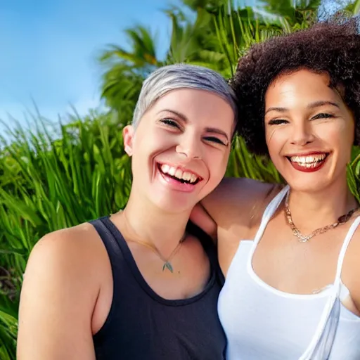 Image similar to two transgender lesbians smiling and having a good time together walking next to the beach