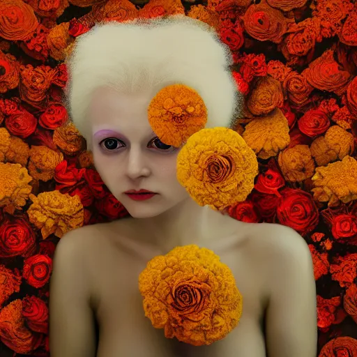 Image similar to realistic expired kodak film portrait of albino india woman tentacled creature mix, marigold, roses, lotus, jamine celestial vibe, hyperrealism, hypermaxiymalism, photorealistic, detailed, atmospheric, 8 k, award winning photography, cinematic