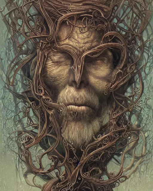 Image similar to centered beautiful detailed side view profile portrait of a insane old man, ornate tentacles growing around, ornamentation, thorns, vines, tentacles, elegant, beautifully soft lit, full frame, by wayne barlowe, peter mohrbacher, kelly mckernan, h r giger