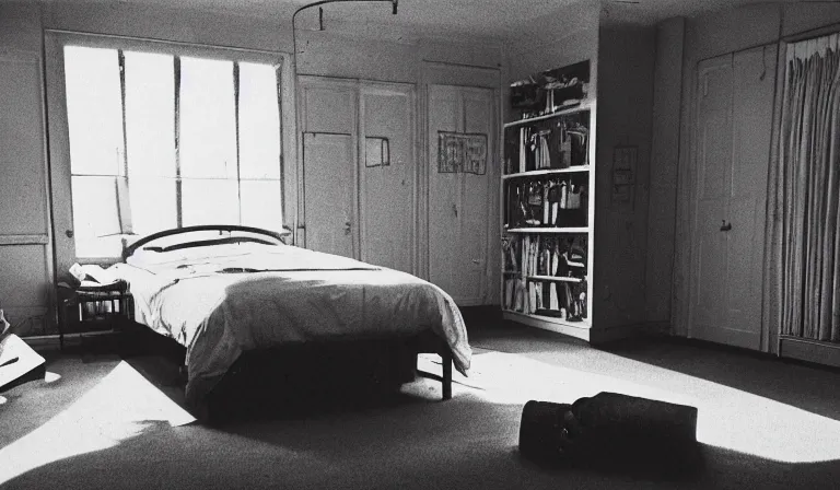 Image similar to A bedroom designed by Raymond Pettibon, 35mm film, long shot