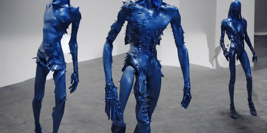 Image similar to blue human with rick owens iron spikes mcfarlane figure with an emoji head in 3d is jumping in a runway fashion show, realistic photography paparazzi by Nick Knight and Luis Royo