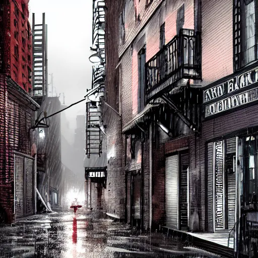 Image similar to Overview of the back alley of New York by night, under heavy rain. buildings, fire escape ladders. Hardboiled. Noir. Cinematic, hyper realistic, 3D, hyper detailed, ambient lighting, bright pastel color