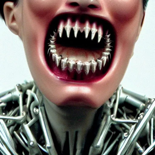 Image similar to grotesque cybernetic female human-beast, with sharp teeth, horror scifi film