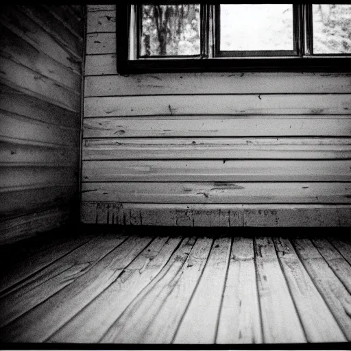 Image similar to a picture taken on an old photo with a bad bitrate inside of a cabin, there is mold all over the cabin floor, 2.2mm Lens.