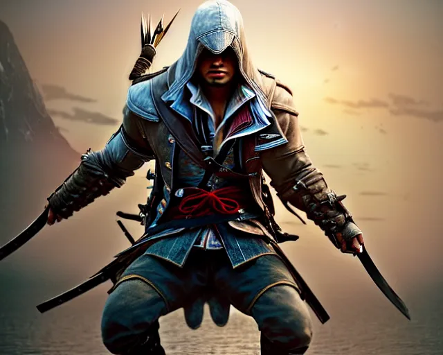 Prompt: highly detailed portrait of martin sensmeier as an assassin, in assassin's creed 3, stephen bliss, unreal engine, fantasy art by greg rutkowski, loish, rhads, ferdinand knab, makoto shinkai and lois van baarle, ilya kuvshinov, rossdraws, tom bagshaw, global illumination, radiant light, detailed and intricate environment